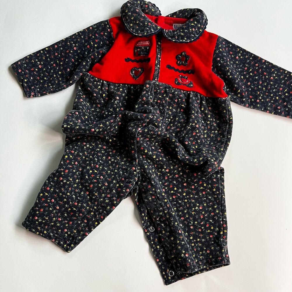 Vintage Nanette Baby One Piece Outfit w Collar Teddy Bear Flowers 6-9 Months